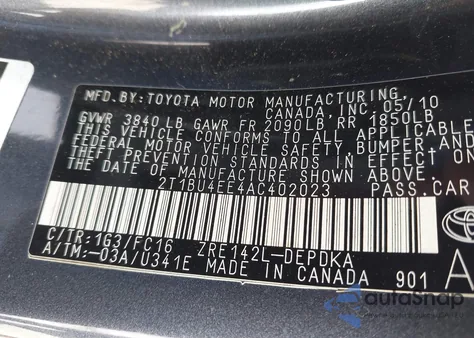 2010 Toyota Corolla Le from USA, damaged, VIN 2T1BU4EE4AC402023